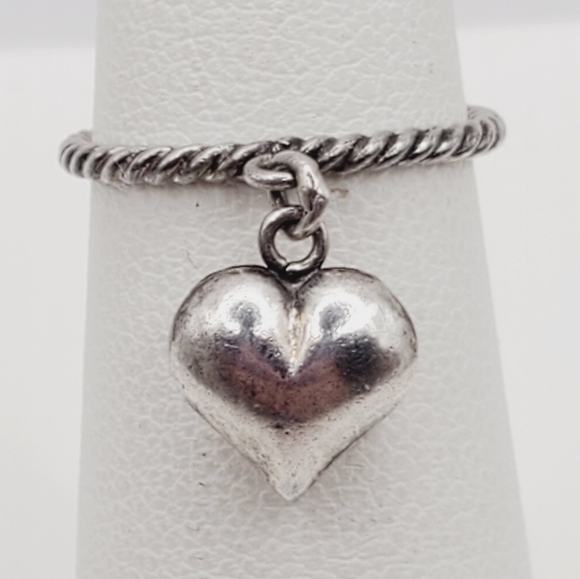 925 Sterling Silver Puff Heart Charm Rope Ring - Picture 1 of 6